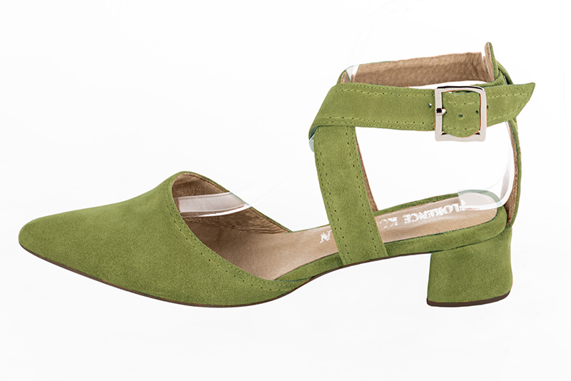 Pistachio green women's open back shoes, with crossed straps. Tapered toe. Low flare heels. Profile view - Florence KOOIJMAN